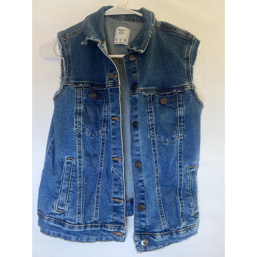 Bershka BSKGIRL Medium Wash Frayed Hem Denim Vest Jacket Womens Medium